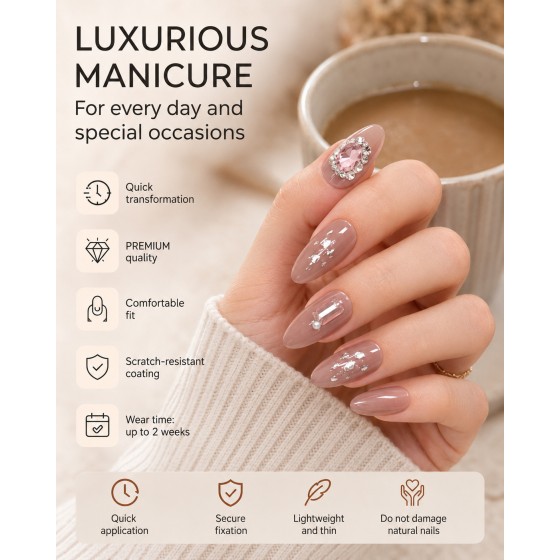 Mauve Taupe Medium‑Long Almond Press‑On Nails, Luxury False Nails With Pink Rhinestones Pearls & Silver Foil